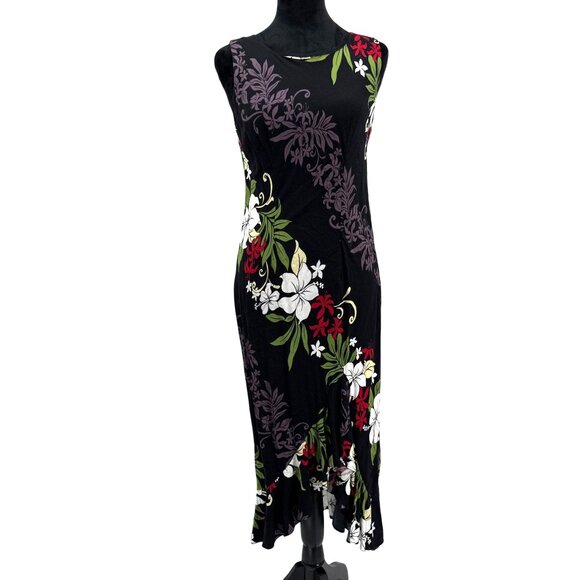Two Palms Womens Hawaiian Floral Dress Medium Rayon‎ Black Hawaii Vintage Tulip - Picture 1 of 8